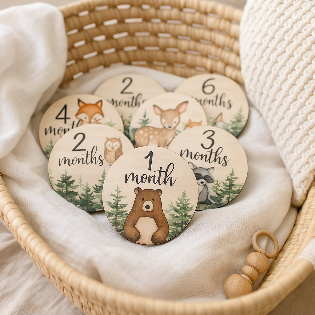 Baby Cards Complimese in Legno con Animaletti – Targhette Mesi per Neonati